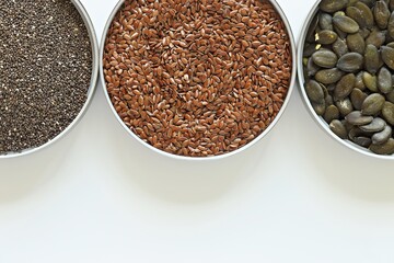 Chia seeds. Pumpkin seeds. Flax seeds. Sunflower seeds. Super food. Flat layot