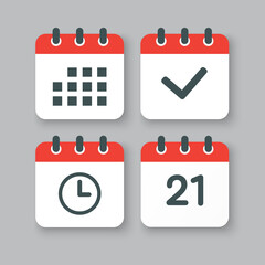 Icons calendar number 21, agenda app, timer, done