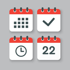 Icons calendar number 22, agenda app, timer, done