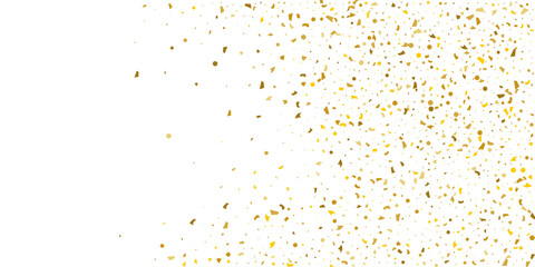Golden glitter confetti on a white background. Illustration of a drop of shiny particles. Decorative element. Luxury background for your design, cards, invitations, gift, vip.