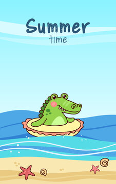 Cute crocodile swims in an inflatable circle. Summer time. Vacation at sea. Vertical vector illustration.