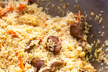 Pilaf in a vat close-up