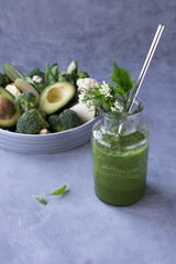 Set of natural products rich in vitamin K and green smoothie . Healthy food concept.
