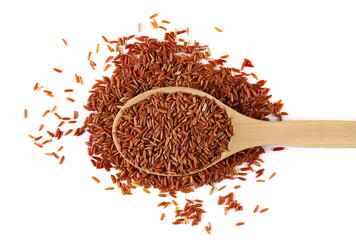 Red wild rice pile in wooden spoon isolated on white, top view