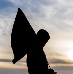 a black silhouette of man with flag on a sunset sky background