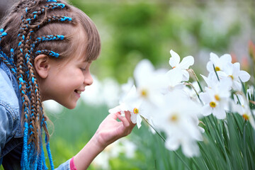 Happy child girl playing in summer garden enjoying sweet scent of white narcissus flowers on sunny day - obrazy, fototapety, plakaty