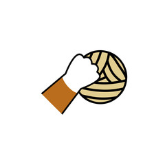 Cat paw hold skein of woolen threads. Playful pet. Activity and fun of animal. Hand caught ball. Cartoon illustration