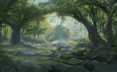 a digital painting of a lush forest
