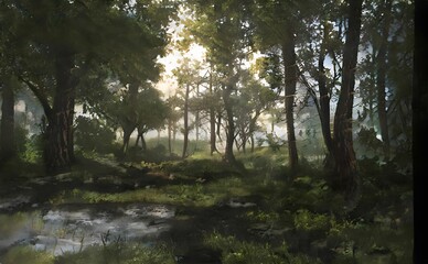 an illustration showing a wooded area with many trees and water