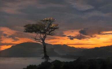 a painting of a lone tree on the shore at sunset