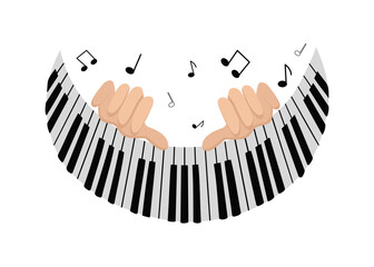 Naklejka premium Hands and keys of the piano, musical instrument. Playing the piano. Music performance, notes and signs. Icon, sign. Vector illustration.