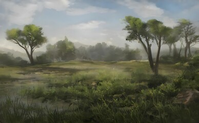 Fototapeta na wymiar a digital painting of three trees in a green field