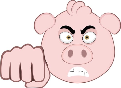 Vector illustration of a cartoon pig face with an angry expression and giving a fist bump