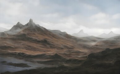 a view of a mountain range with a foggy sky