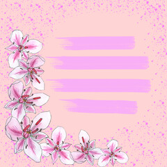 Floral square postcard, colorful frame with blooming pink flowers. Spring-summer botanical background with lines of lines for the signature of the invitation, congratulations. Watercolor flowers.