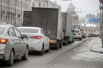 traffic jam with row of cars on toll way, rush hour