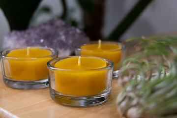Three tealight candles are displayed in glass holders with an air plant and an amethyst as decor.