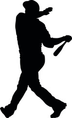 baseball batter player, also known as batsman - batman in motion to hit a pitcher's ball with the bat when teeing off. detailed realistic silhouette