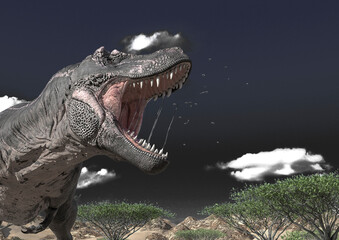 tyrannosaurus is angry and alone on desert close up