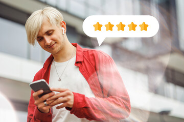 Young satisfied man leaving a rating for a product or service.