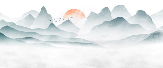 Minimalistische landschapskunst achtergrond met bergen en heuvels in blauwe en groene kleuren. Abstracte banner in oosterse stijl met aquarel textuur voor decor, print, behang