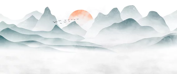 Foto op Aluminium Wit Minimalistische landschapskunst achtergrond met bergen en heuvels in blauwe en groene kleuren. Abstracte banner in oosterse stijl met aquarel textuur voor decor, print, behang