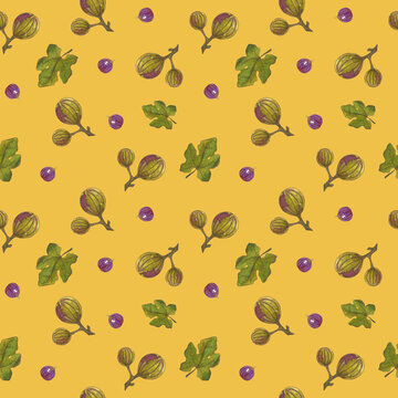 Summer fig watercolor pattern on yellow background