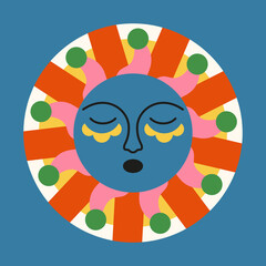 Colorful abstract sun with face. Drawn character with emotion. Vintage color illustration with ethnic style elements. Sticker for decor, logo, printing, textiles, packaging. Vector geometric pattern