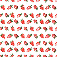 Watercolor strawberry seamless pattern, berry on white background