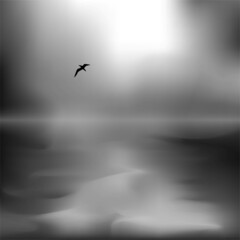 Landscape of the sea in black and white, silhouette of a bird in the sky