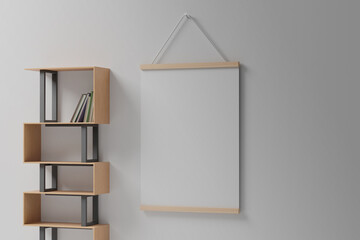 Poster hanger mockup, wooden hanging poster frame, magnetic poster bar mockup, vertical wood poster hanger mockup, 3d render