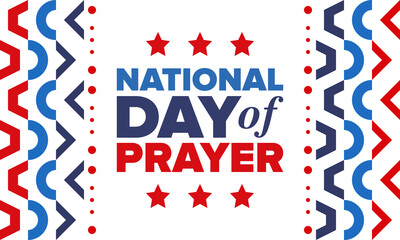 National Day of Prayer in United States. First Thursday of May. Annual day when Americans turn to God in prayer and meditation. Poster, card, banner and background. Vector illustration