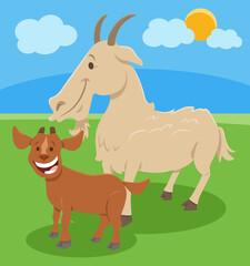 happy cartoon goat farm animal character with little kid