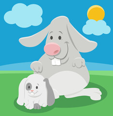 happy cartoon rabbit animal character with little bunny