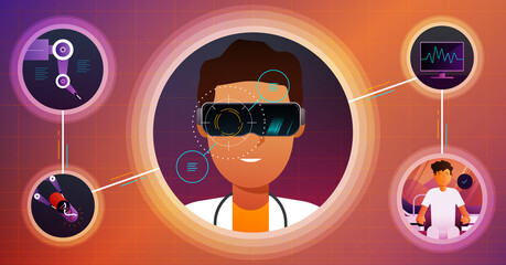 Ilustración de un doctor usando realidad virtual para asistir a una operación exitosa a distancia, usando el metaverso y tecnología de salud de alta gama.  - obrazy, fototapety, plakaty