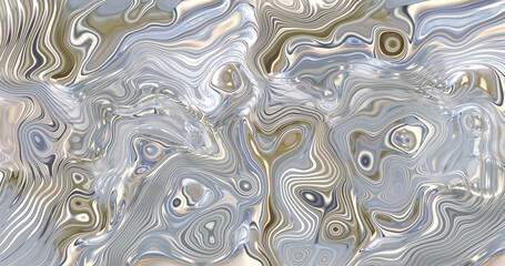 3D rendering liquid light fashion abstract background. Golden silver and white colors. Liquid metal or traces of gasoline oil. Environmental pollution concept.