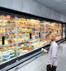  Man choosing frozen food from a supermarket freezer., reading product information