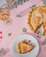 single slice of rhubarb pie on white plate, pink tablecloth with blue roses	