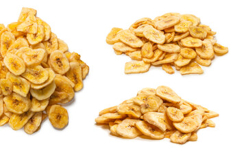 Banana chips isolated on a white background. Dehydrated banana.