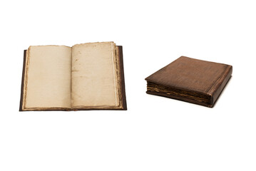 An open empty old notebook isolated on a white background.