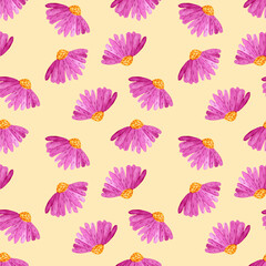 Pint flowers seamless pattern in watercolor technic. Endless bright nature backdrop. Cute repeatable print.