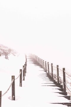 Photographie d'un escalier enneig&eacute; sur un chemin de randonn&eacute; en Auvergne