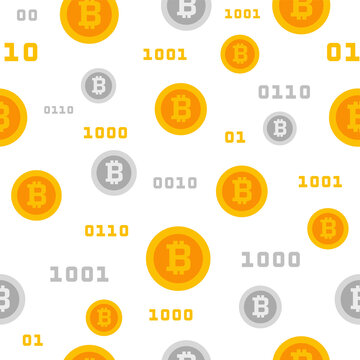 gold and silver bit-coins pattern with binary code