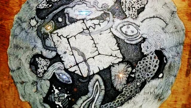 Drawings of mistic universe with symbols. 4k video. made by robert gibson