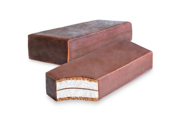 Vanilla mousse chocolate glaze candy bar on a white isolated background