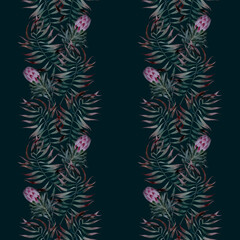 Seamless pattern with watercolor hand-painted exotic flowers of protea and leaves on a black background. It is well suited for designer wallpaper, fabric printing, wrapping paper, notebooks.