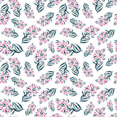 Seamless pattern of many wildflowers and leaves. It is well suited for wallpaper, fabric printing, wrapping paper, notebooks.