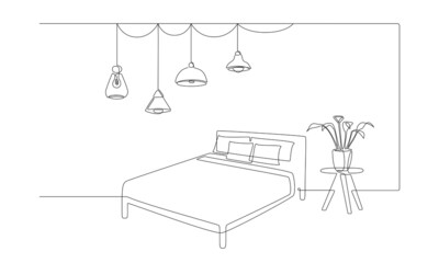 Fototapeta premium Continuous one line drawing of double bed and table with potted plant and hanging loft lamps. Scandinavian home furniture for sleep bedroom in simple linear style. Doodle Vector illustration