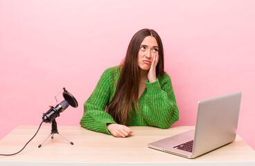 hispanic pretty woman feeling bored, frustrated and sleepy after a tiresome. influencer concept