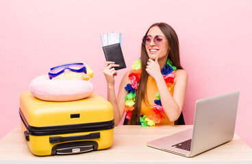 hispanic pretty woman smiling with a happy, confident expression with hand on chin. tourist and...